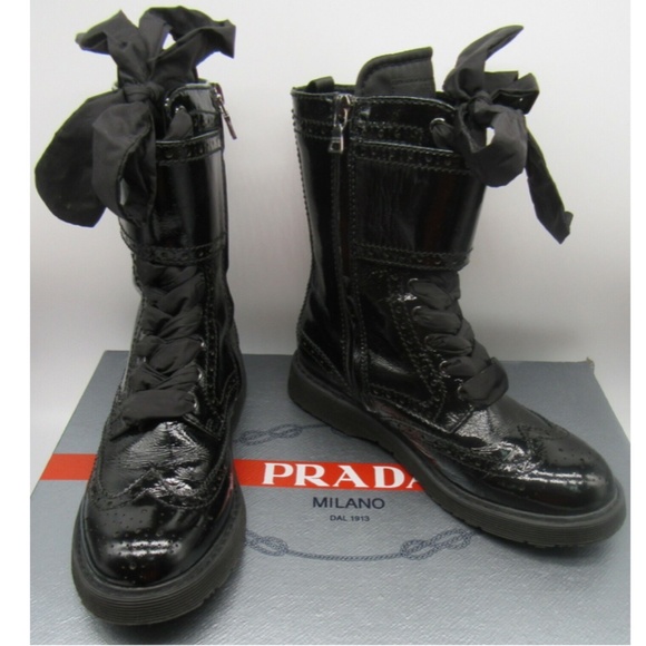 PRADA black glossy leather combat boots sz 35 - Picture 1 of 6